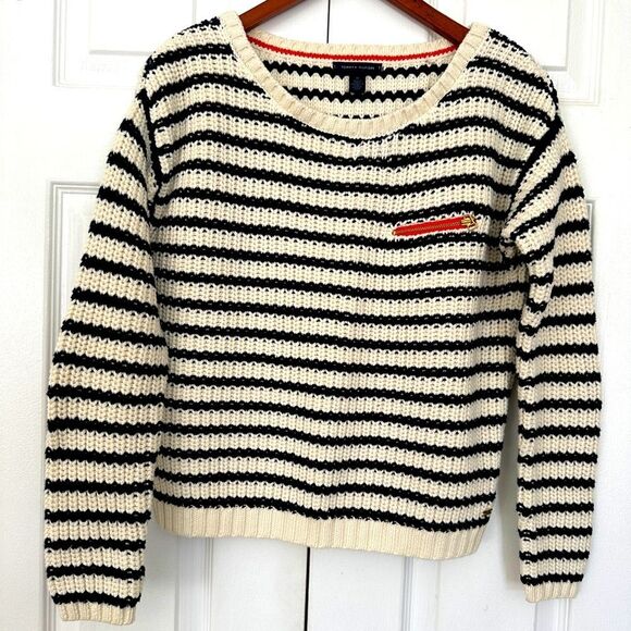 Tommy Hilfiger Cropped Sweater Cream Cable Knit Blue Striped Nautical Size M - Picture 3 of 10